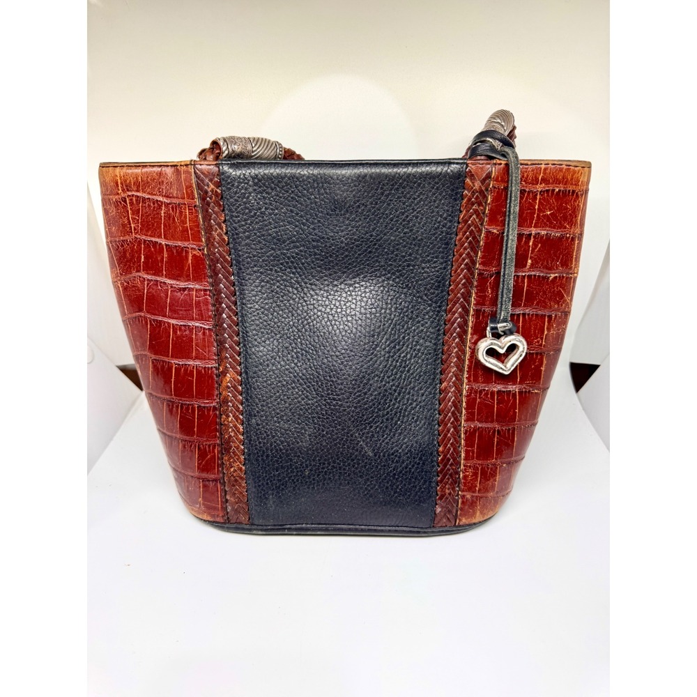 Brighton Vintage Croc Embossed Leather Shoulder Bag Black Brown Heart A092414